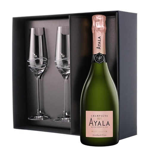 Ayala Rose Majeur Champagne 75cl And Flutes In Pine Wooden Gift Box